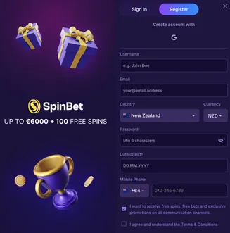 SpinBet registration form with €6000 bonus and 100 free spins offer